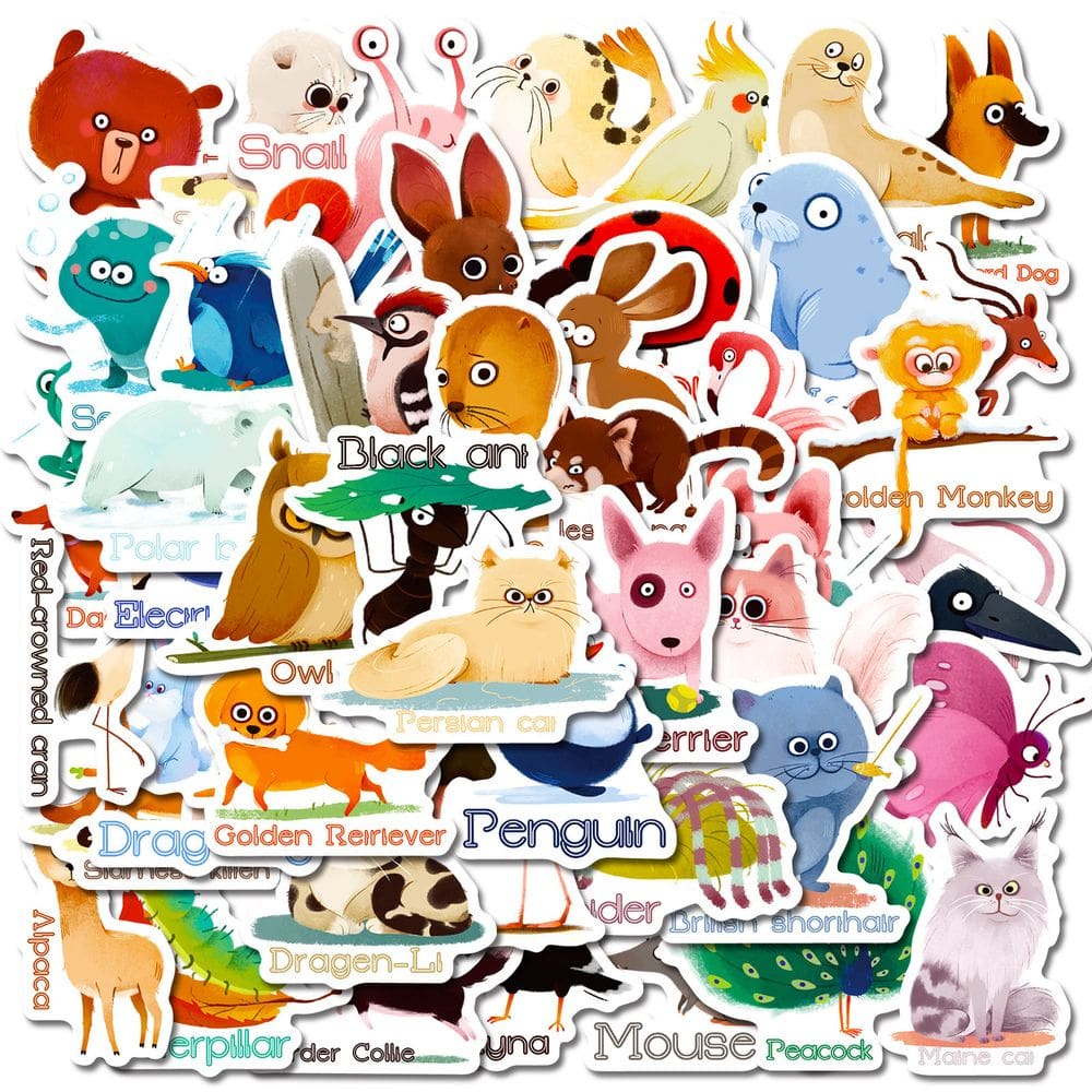 Adesivos de animais de desenho animado, 50 peças, fofos, engraçados, animais de estimação com olhos grandes