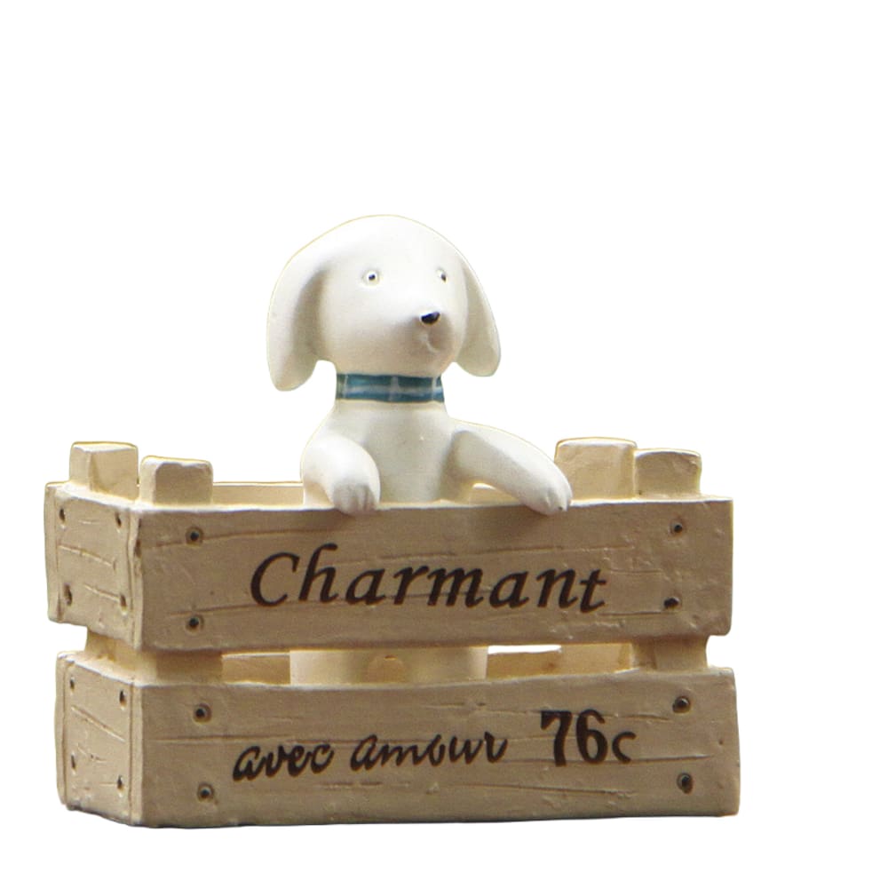 Escultura de jardim: cão fofo em resina de caixa de madeira 5x5cm