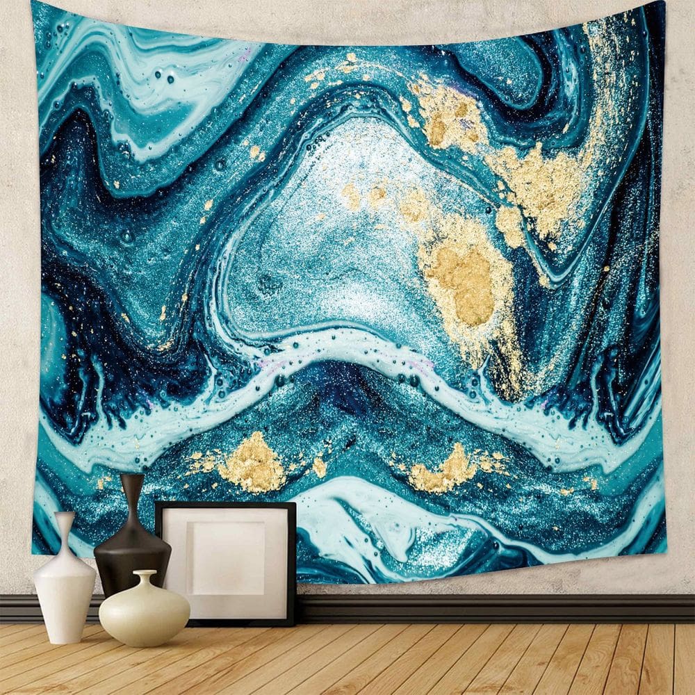 Tapeçaria para pendurar na parede em mármore abstrato azul e dourado 150x130cm