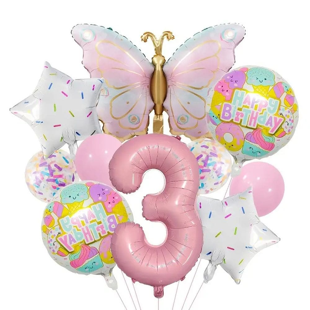 Conjunto de balões com tema Butterfly & Donut para 3º aniversário x10
