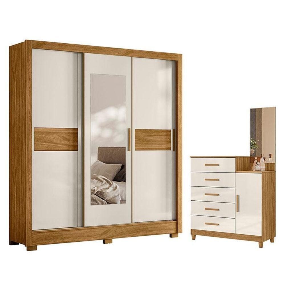 Guarda Roupa Casal Bahamas E Cômoda Lisboa Freijó Off White- Moval