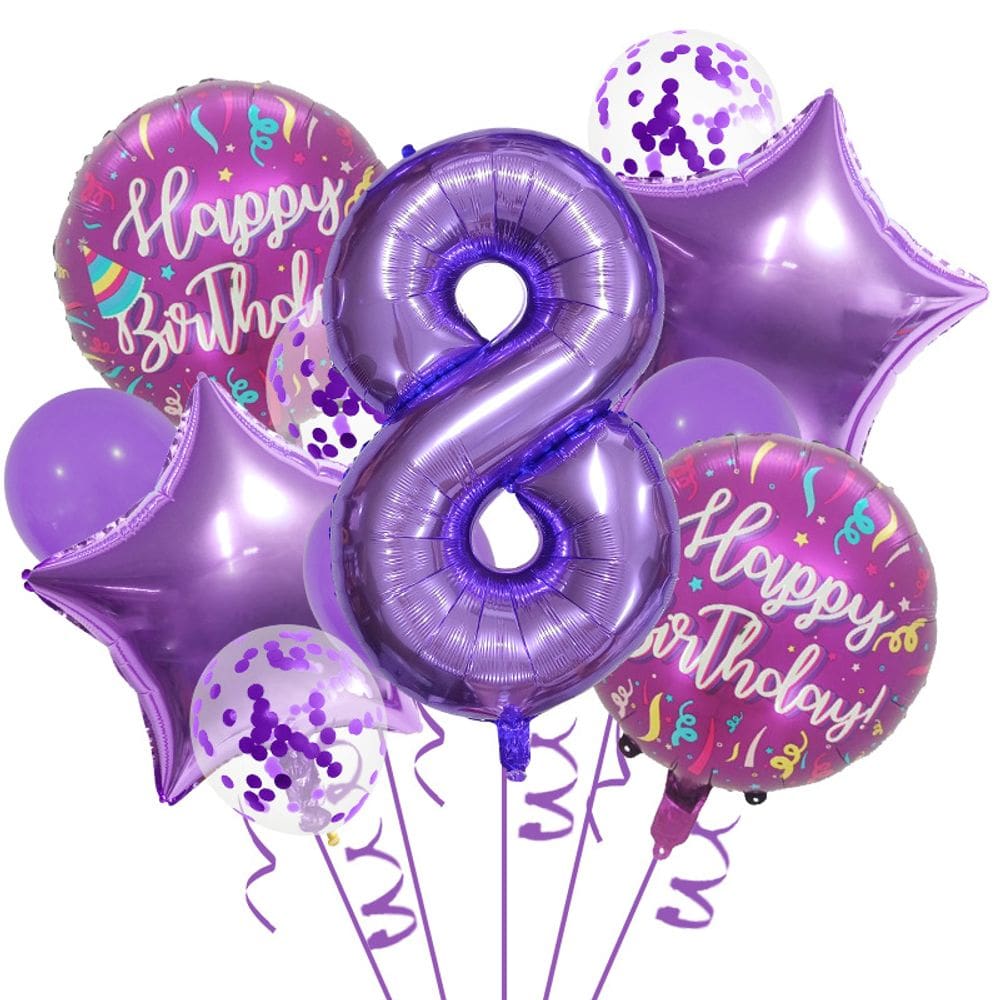 Kit de balões roxo para 8º aniversário com balão de alumínio 32 número 8