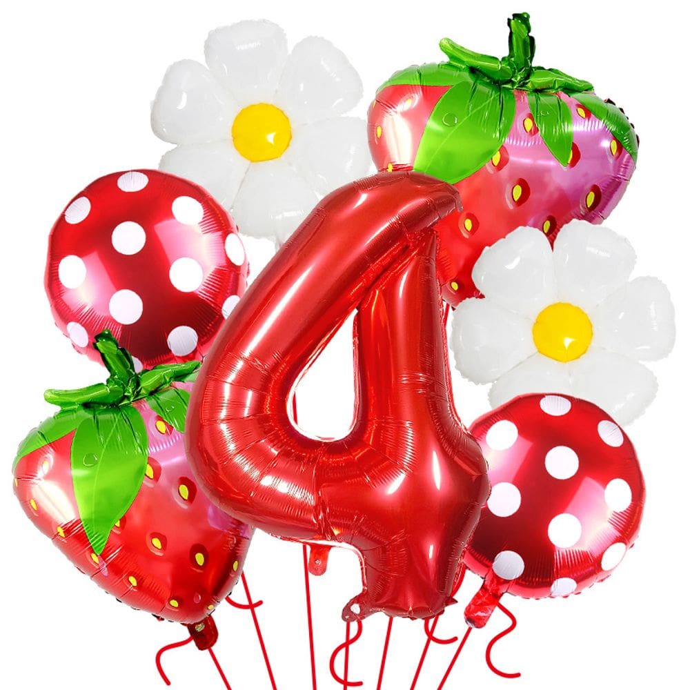 Conjunto de balões com tema de morango e margarida com papel alumínio número 4 x 7