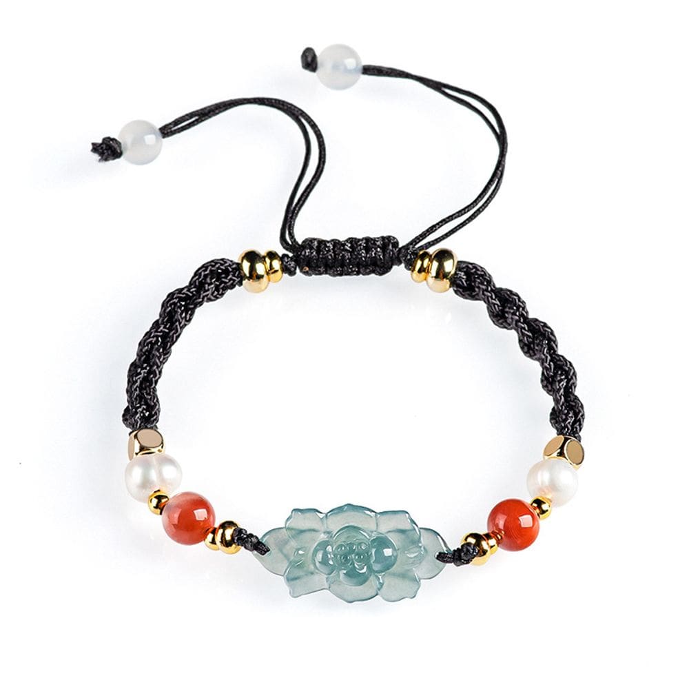 Pulseira Jade Lotus feita à mão com flor esculpida em azul e verde