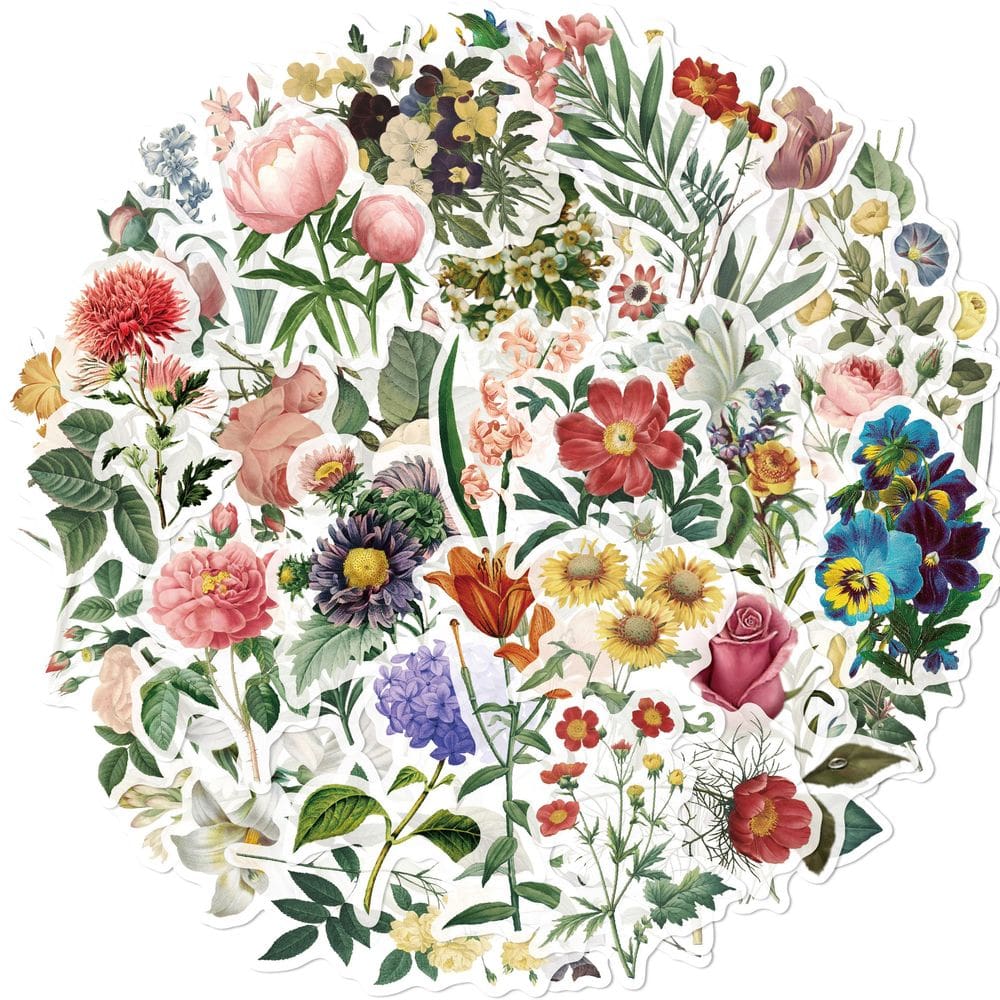 Pacote de adesivos vintage floral, 50 peças impermeáveis, estilo washi