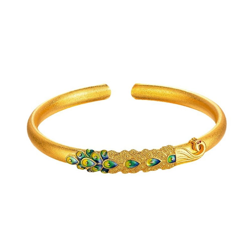 Pulseira Gold Placer Enamel Peacock Open Cuff para mulheres