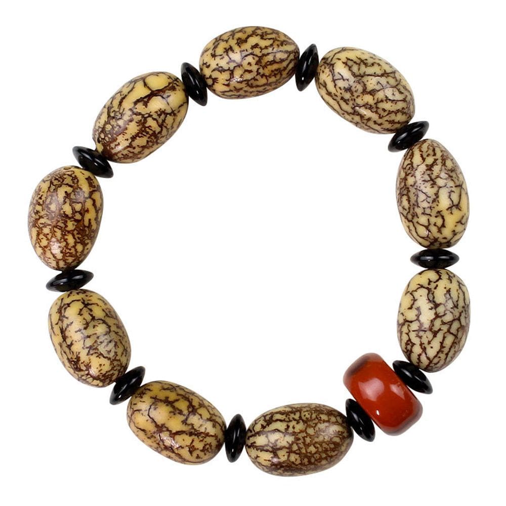 Pulseira Bodhizi com miçangas em forma de milho com veia dourada e prateada