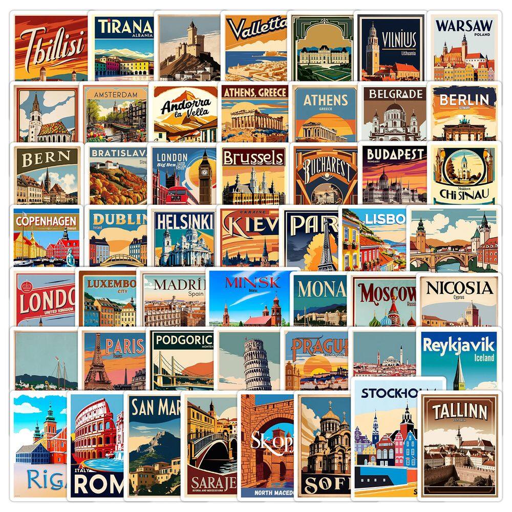 Adesivos European Travel Series, 50 peças de vinil impermeável