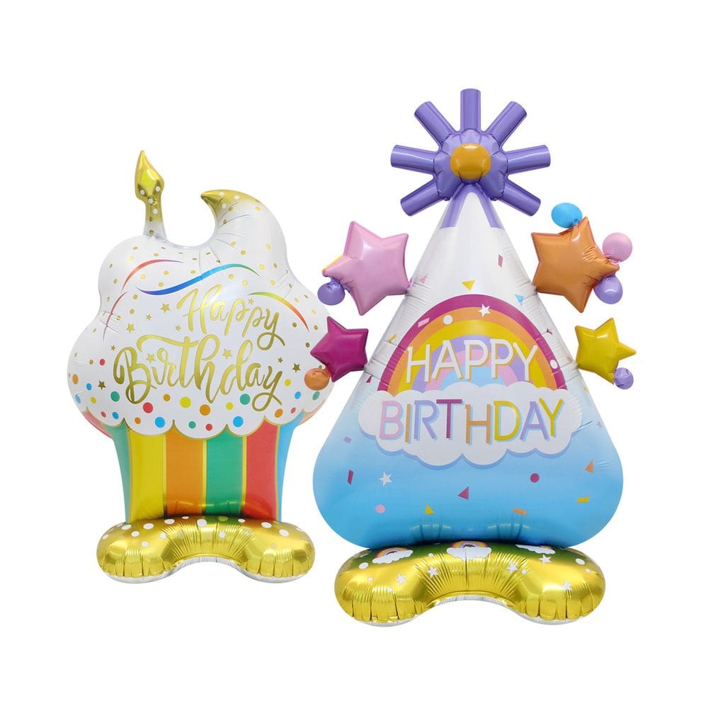 Conjunto de balões de aniversário, cupcake de alumínio 4D e chapéu de festa x2