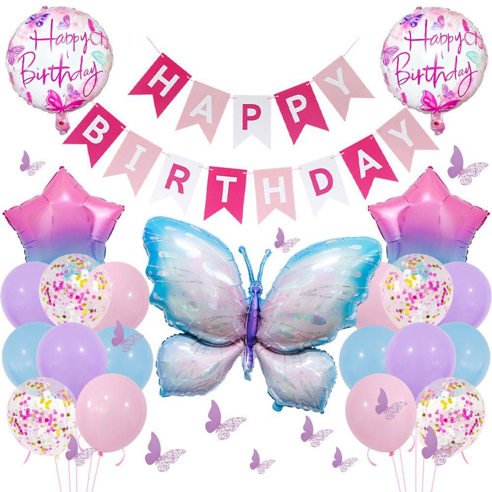 Kit de balões de aniversário com tema borboleta 35 unidades rosa/roxo