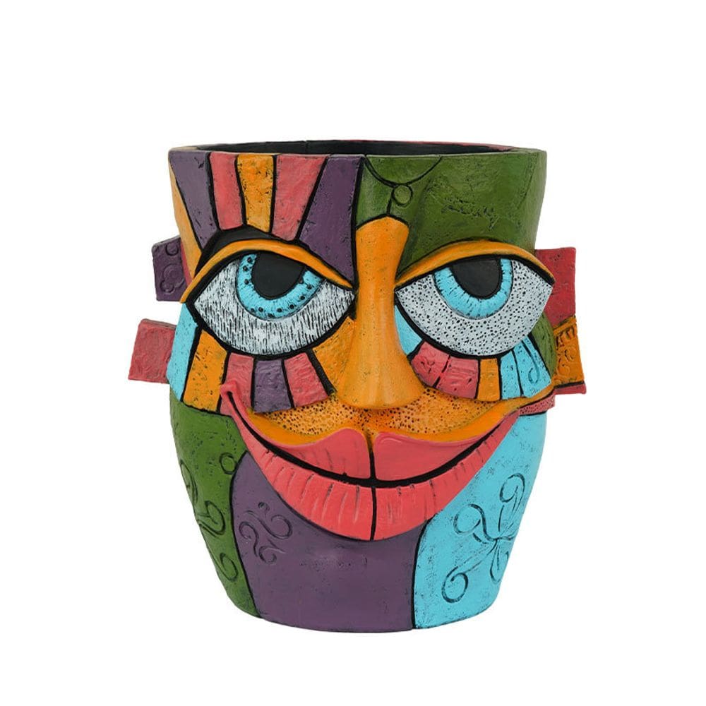 Vaso de flores: resina abstrata, estilo Picasso, rosto sorridente, 16 cm