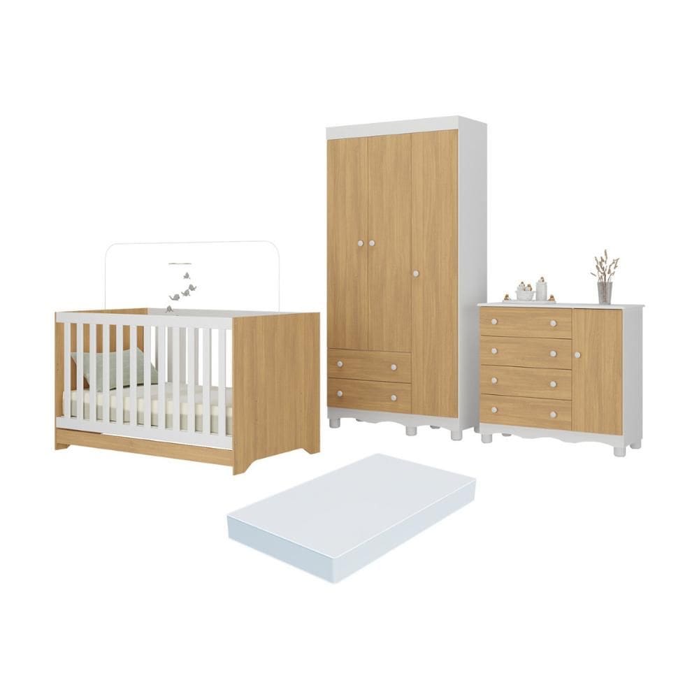 Quarto de Bebê Completo com Berço Americano 3 em 1 Colchão Incluso Dengo Multimóveis MP4608