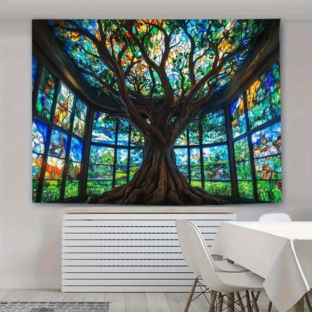 Tapeçaria pendurada na parede Tree of Life, estilo vitral, 150x130cm