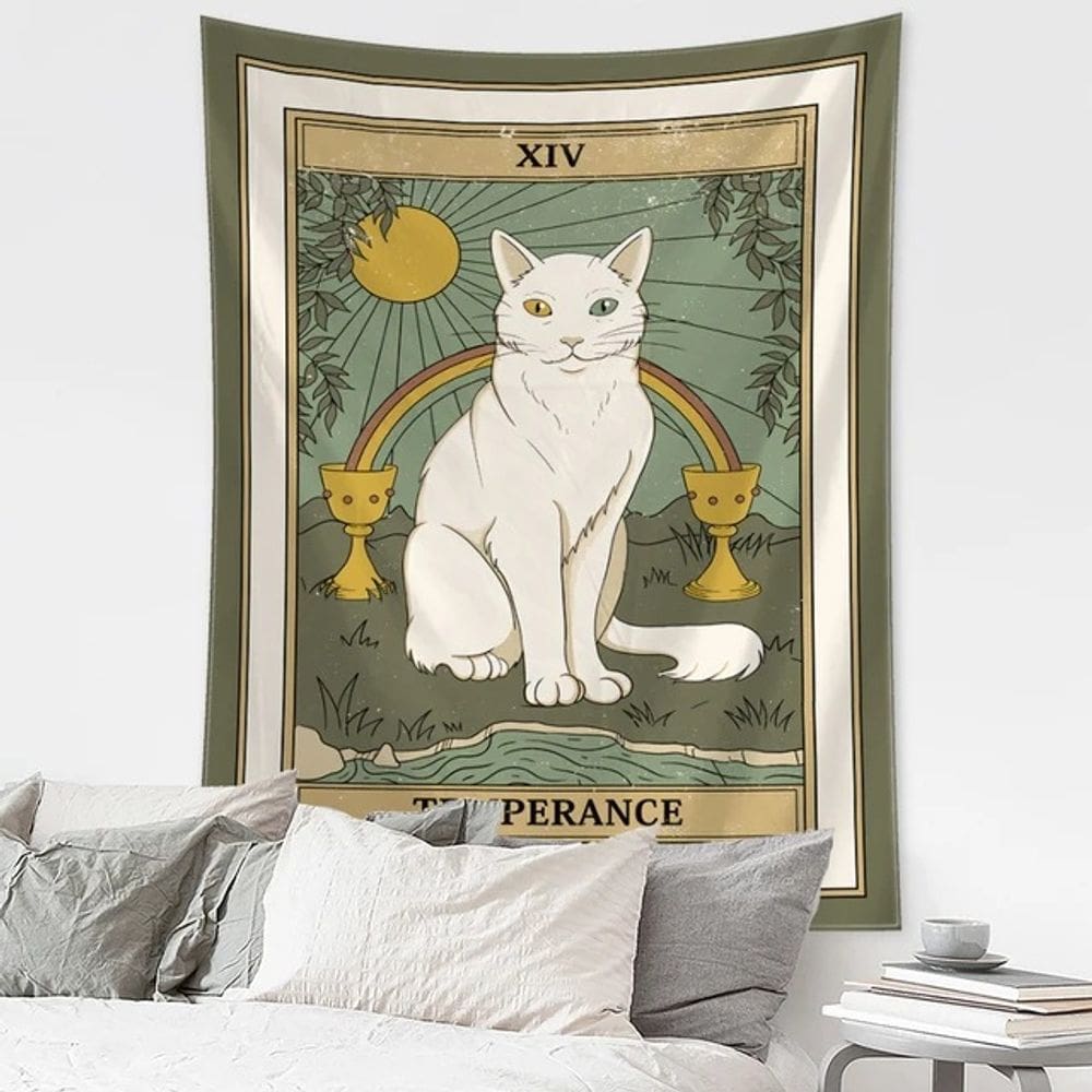 Tapeçaria para pendurar na parede Tarot Cat Temperance Card Design 150x130cm