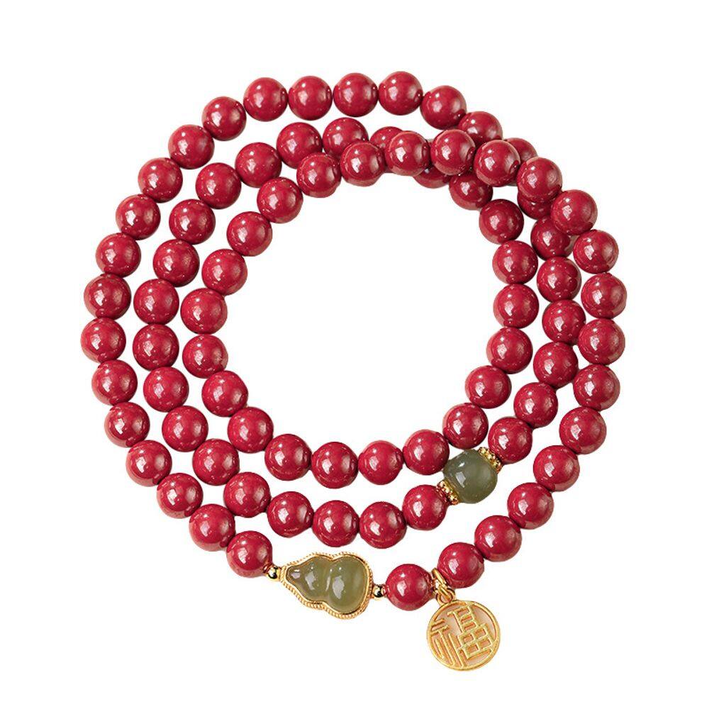 Pulseira Cinnabar Triple Wrap para mulheres com jade Gourd Char