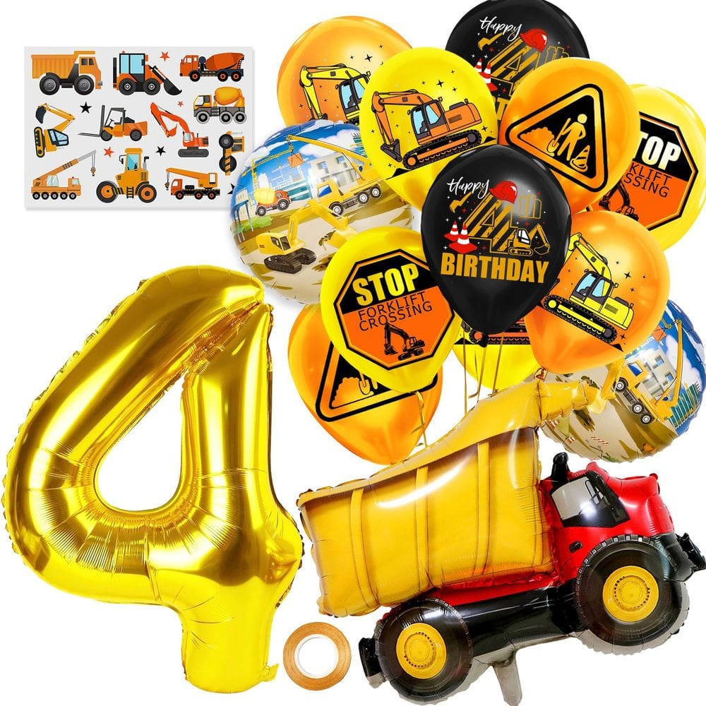Conjunto de balões: tema de veículo de construção, festa de 4º aniversário