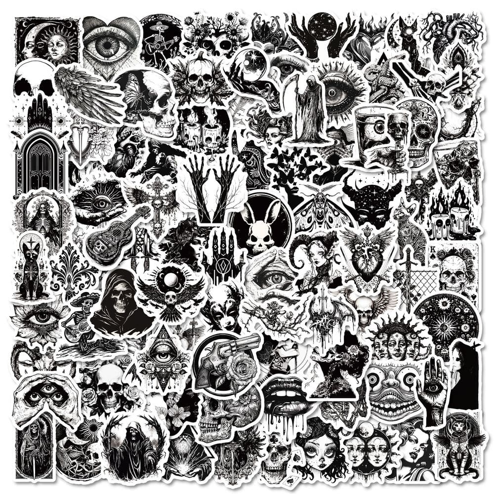 Pacote de adesivos Gothic Punk, 100 unidades, preto e branco, estética
