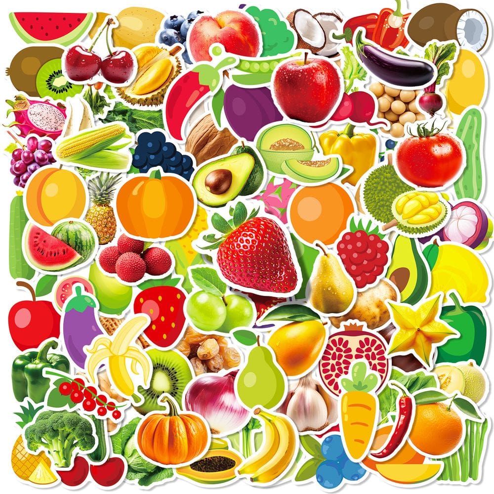 Pacote de adesivos de frutas e vegetais, 100 unidades, desenhos animados, impermeáveis