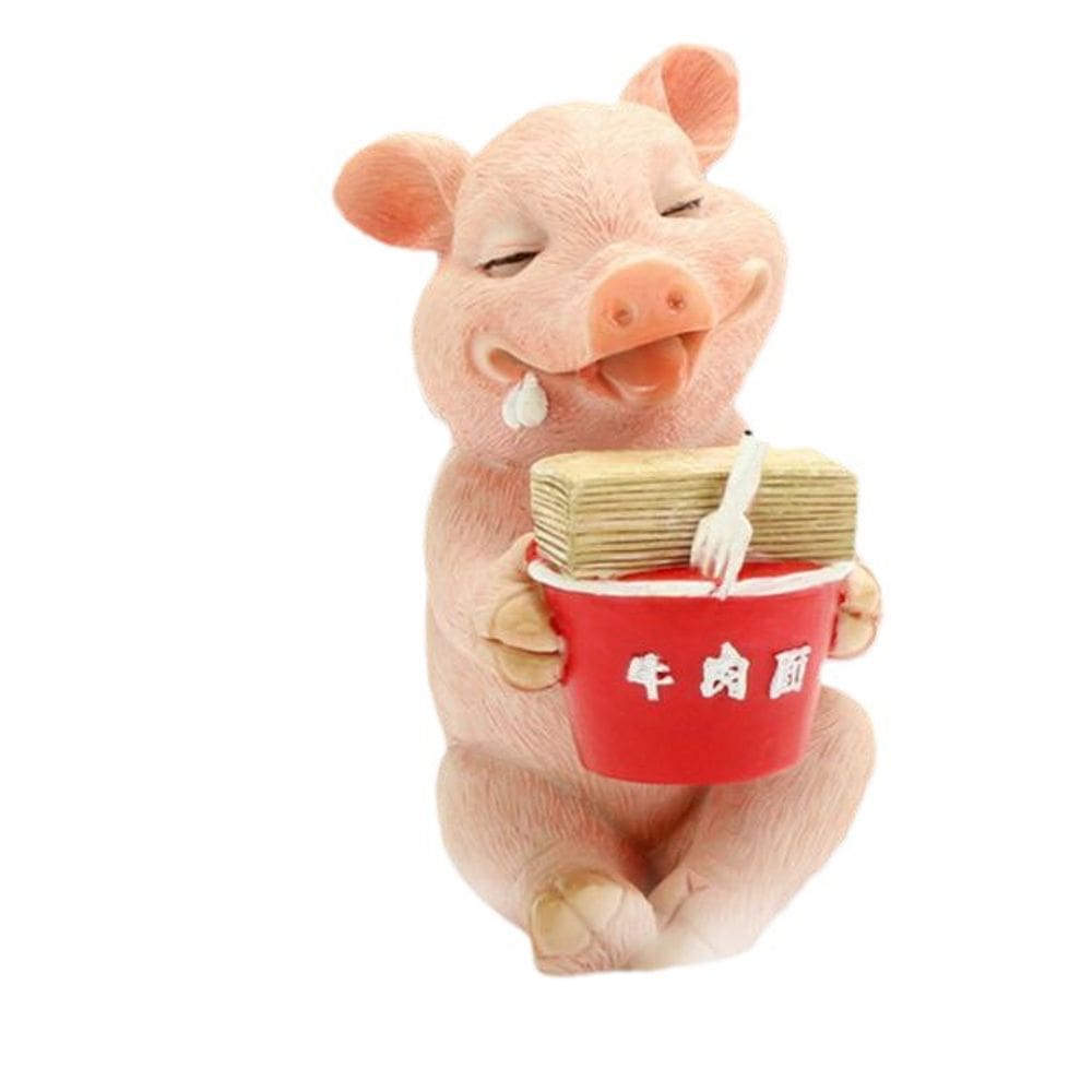 Escultura: Porco de resina para decoração de jardim com macarrão 9x6,5x4,5cm