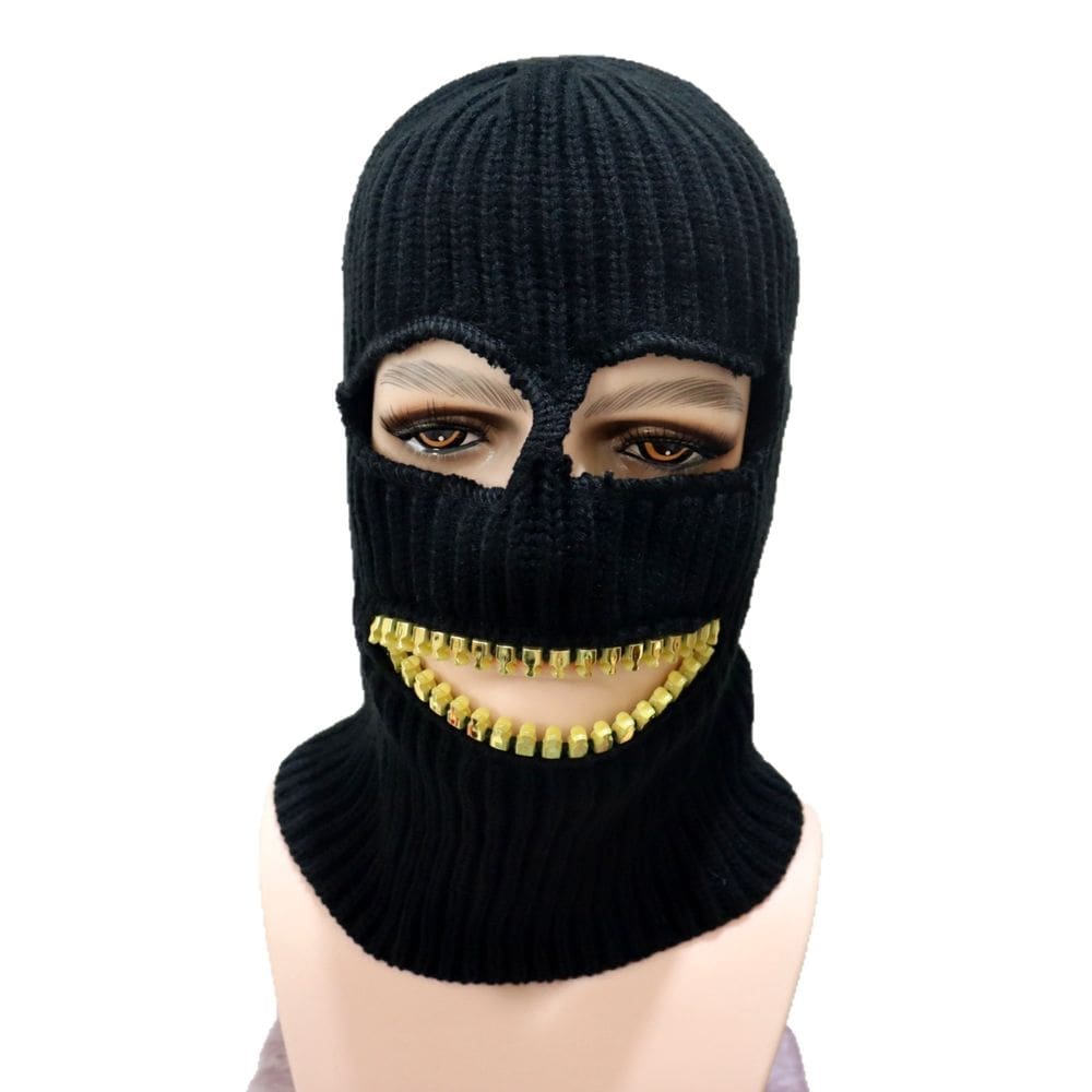 Chapéu de cabeça de balaclava tricotado com design de dentes com zíper para adultos
