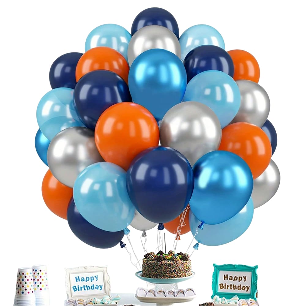 Balões, látex metálico, 25 cm, azul, laranja, 50 unidades