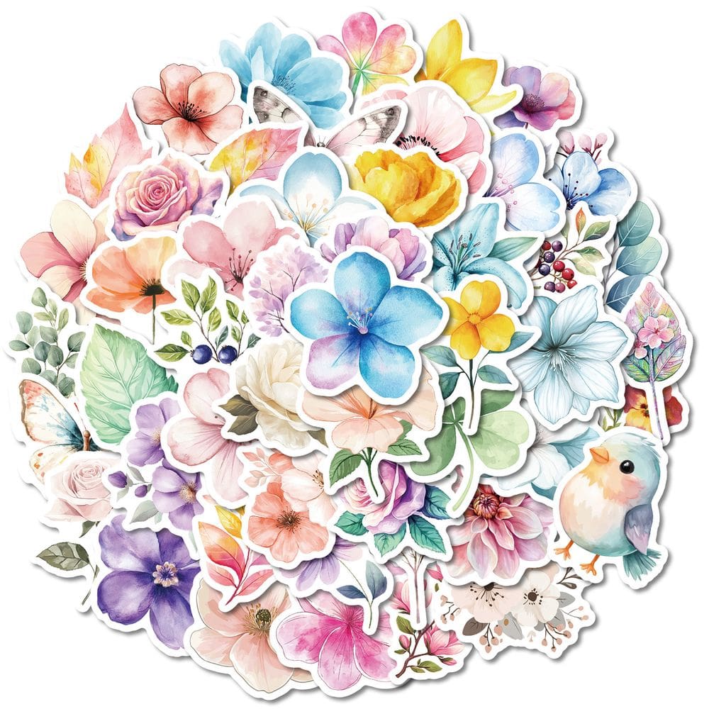 Pacote de adesivos de flores em aquarela, 50 unidades de vinil impermeável