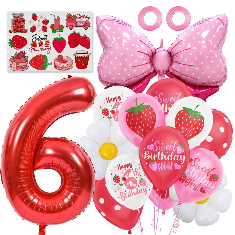 Conjunto de balões de aniversário com tema de morango, 14 unidades para meninas