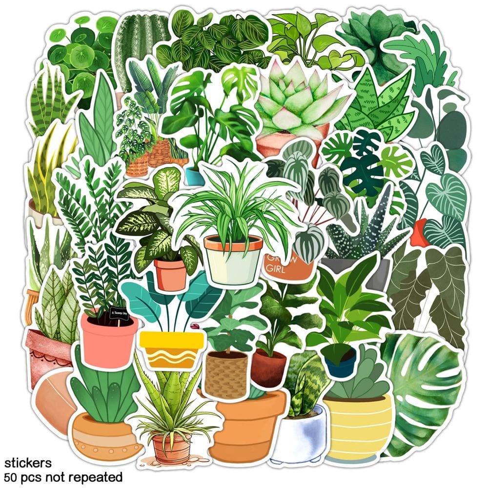 Adesivos de plantas suculentas e verdes, 50 peças de flores desenhadas à mão
