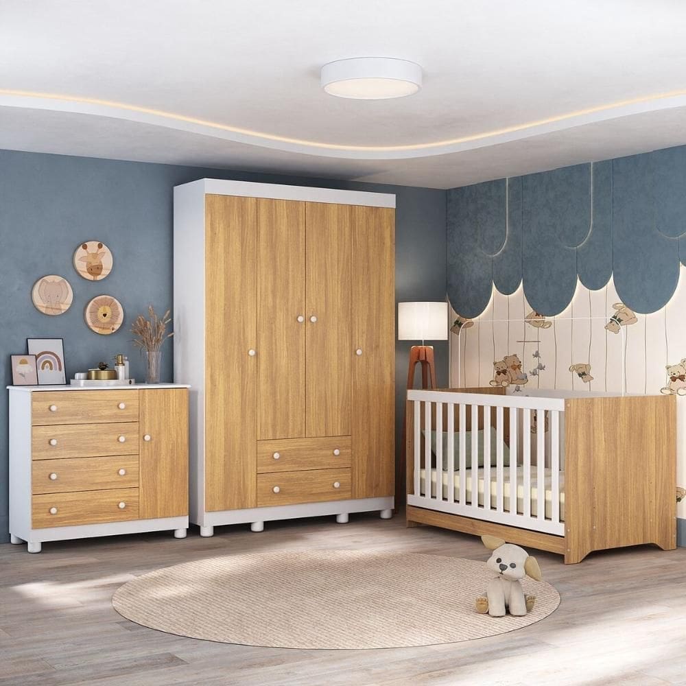 Quarto de Bebê Completo com Berço Americano 3 em 1 p/Colchão 130x70cm Allegra Multimóveis MP4582