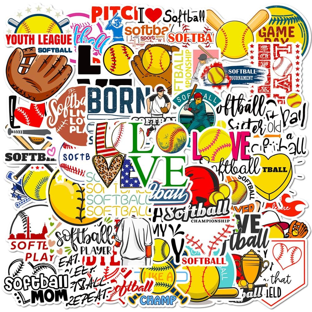 Conjunto de adesivos de vinil impermeável de softball e beisebol, 50 unidades