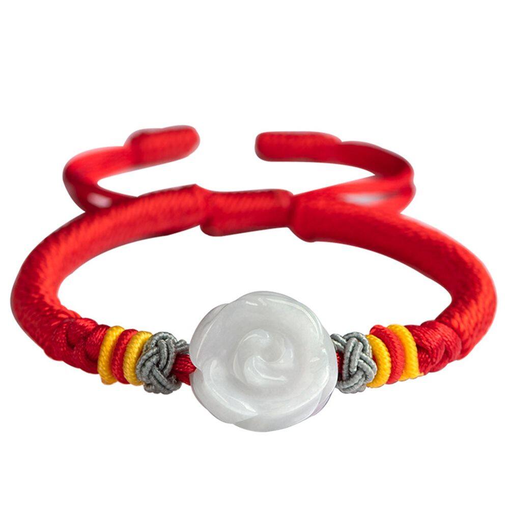 Pulseira Jade Rose feita à mão para mulheres, cordão de tecido vermelho