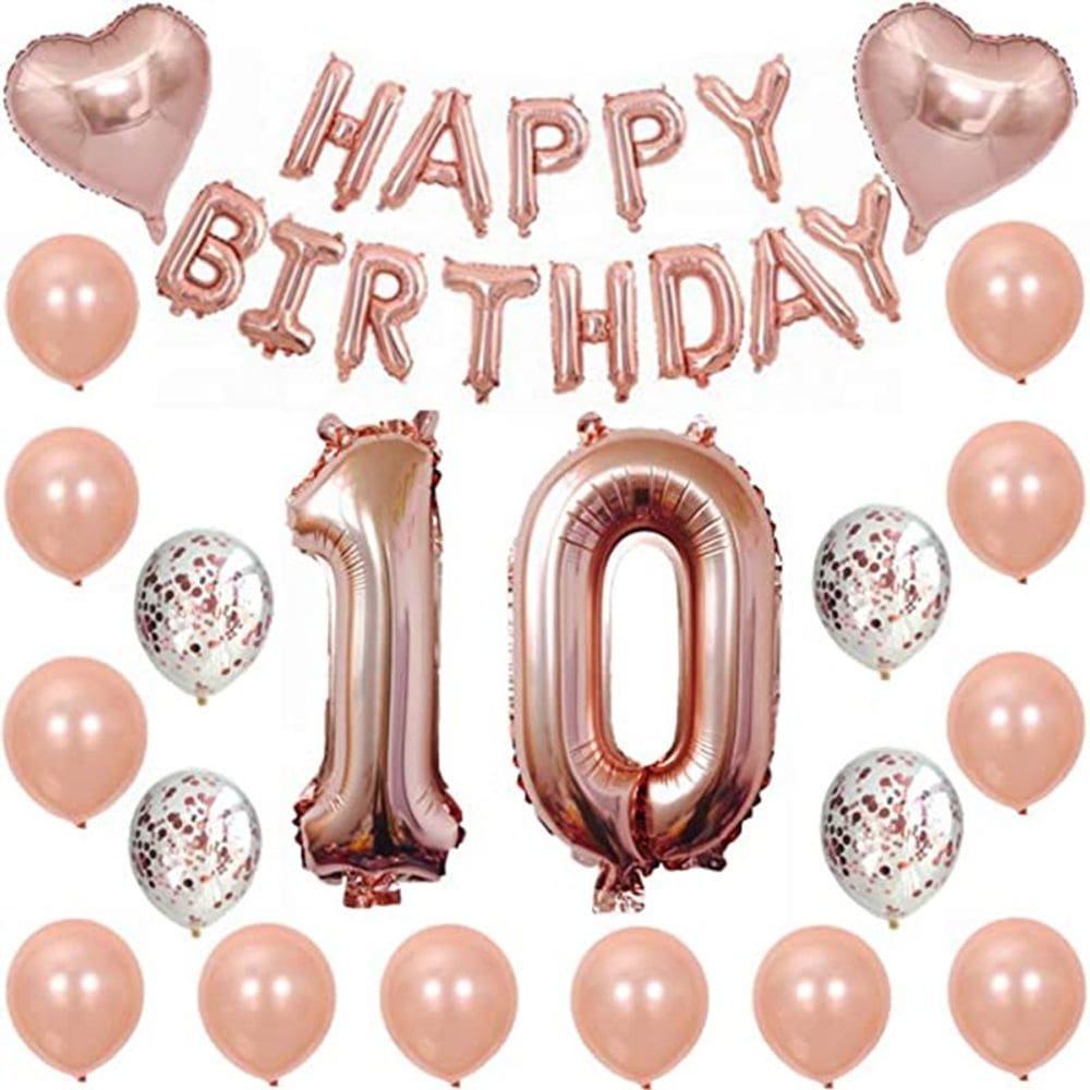 Kit de balões de 10º aniversário em ouro rosa com banner de feliz aniversário