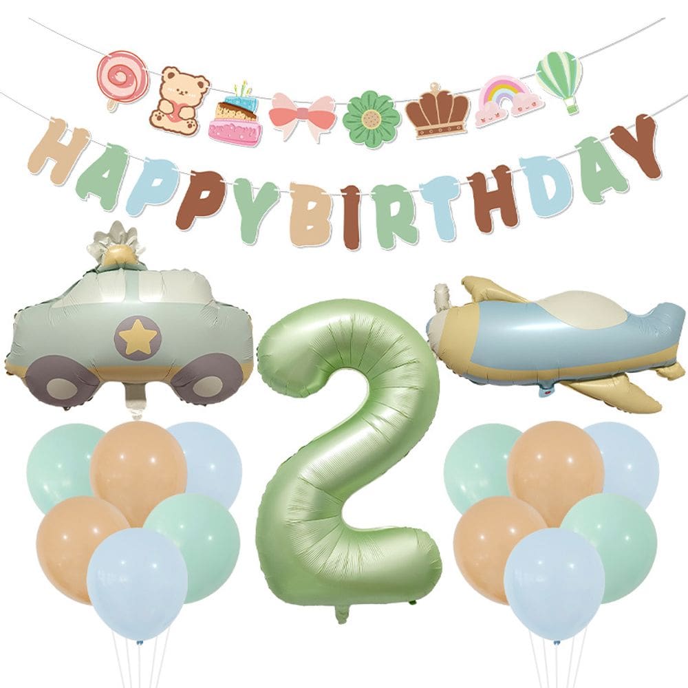 Conjunto de balões, folha de 2 números, verde oliva, 15 unidades de carro de avião