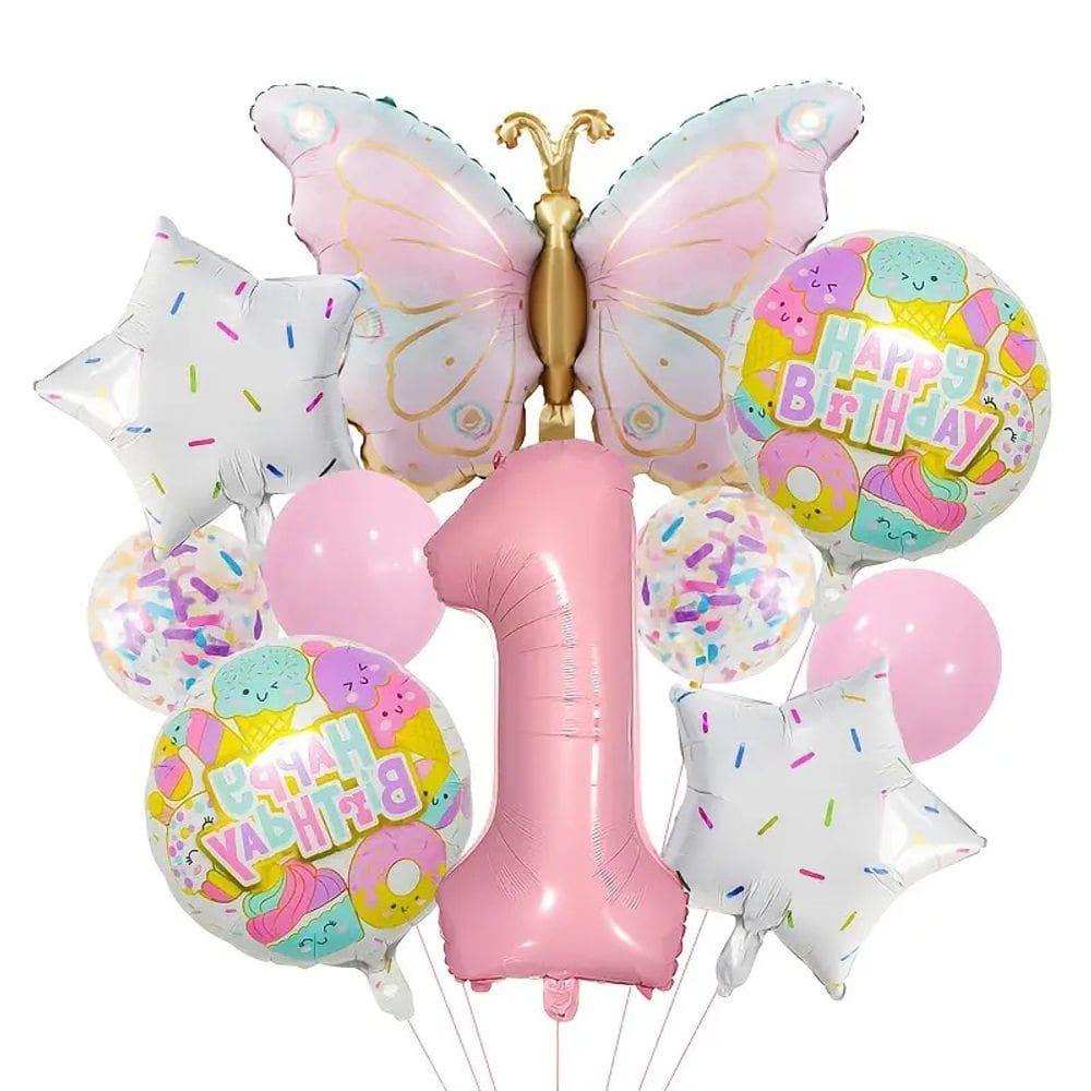 Conjunto de balões Foil Butterfly and Donut Pink 10 unidades +1 número
