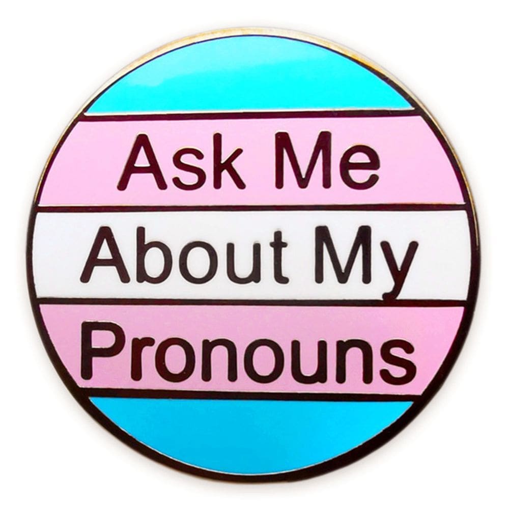 Alfinetes de broche redondos em liga “Pergunte-me sobre meus pronomes”