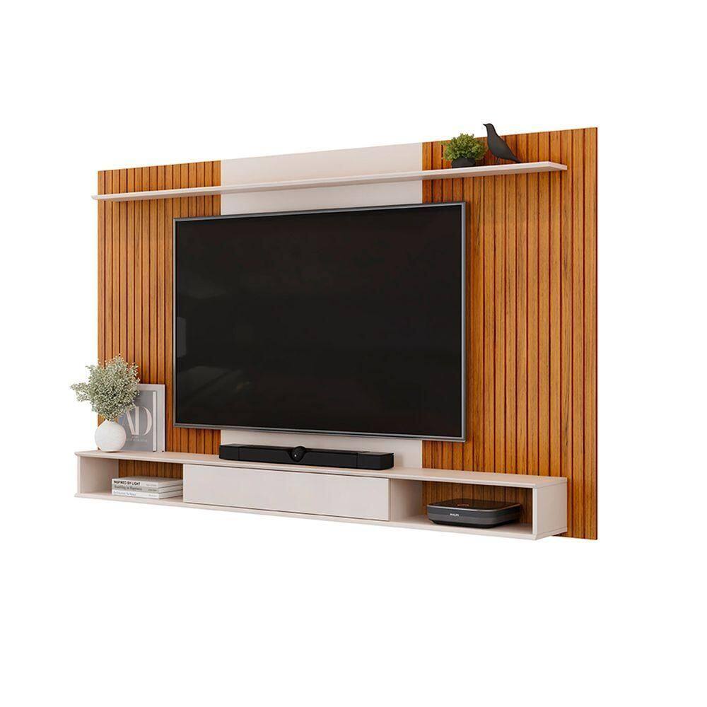 Painel Leo Com Ripas E Prateleira Freijó Com Off White