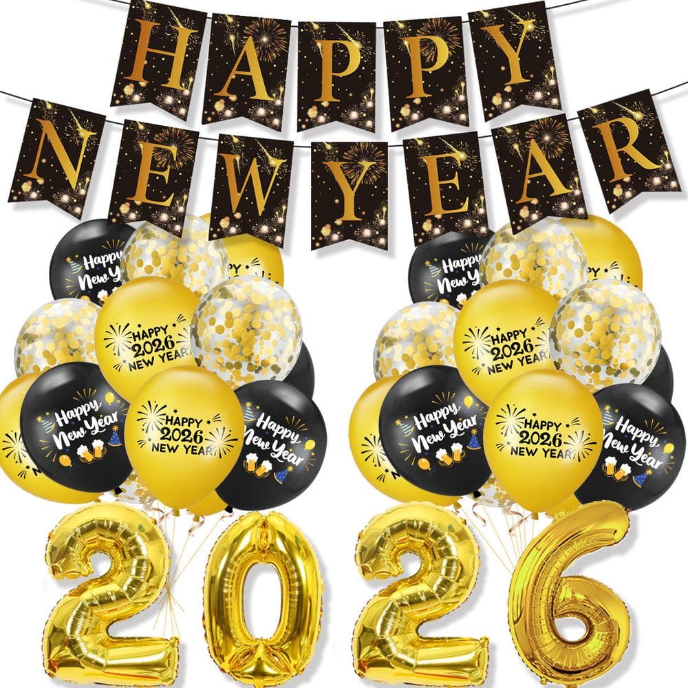 Conjunto de decorações de festa, 25 unidades, 2026, Feliz Ano Novo, Preto, Ouro