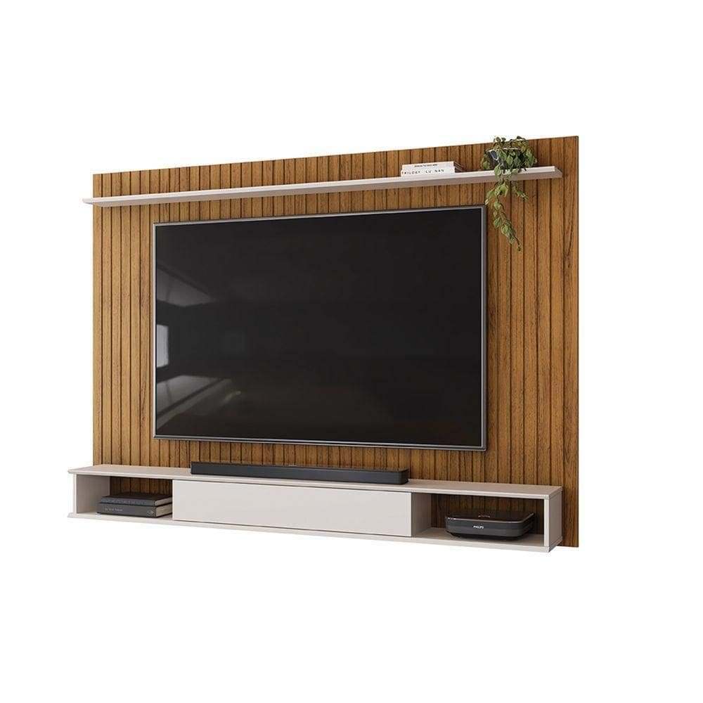 Painel Rio Com Ripas E Prateleira Freijó Com Off White