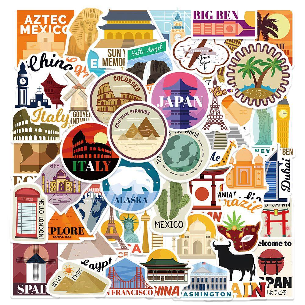 Conjunto de adesivos World City Landmark, 50 unidades em estilo cartoon de viagem