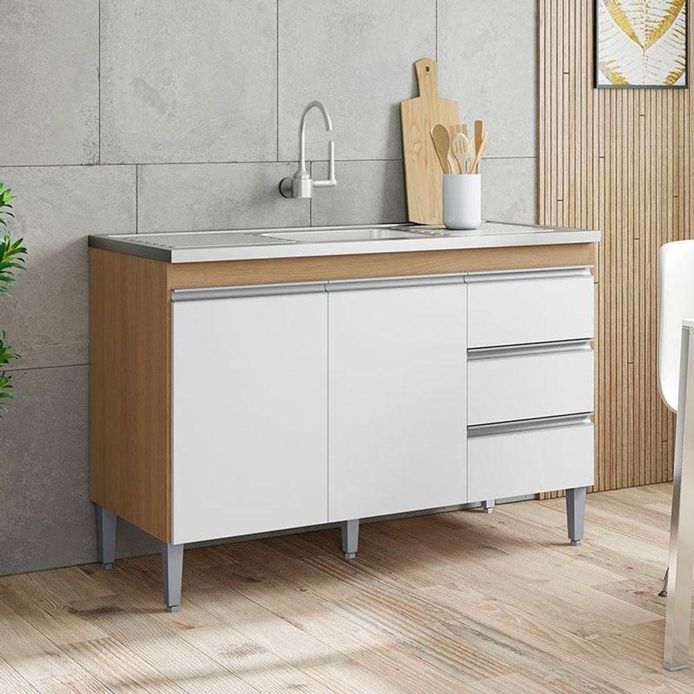 Balcão De Pia Ambiente Andréia 120cm Amêndoa Branco - Ajl