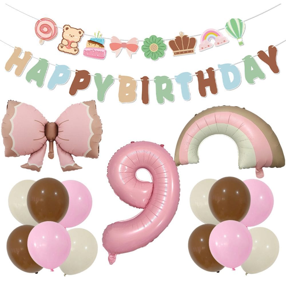 Kit de balão, 15 peças de laço rosa e papel alumínio arco-íris, 9º aniversário