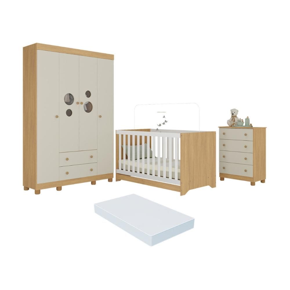 Quarto de Bebê Completo com Berço Americano 3 em 1 Colchão Incluso Bombom Multimóveis MP4634