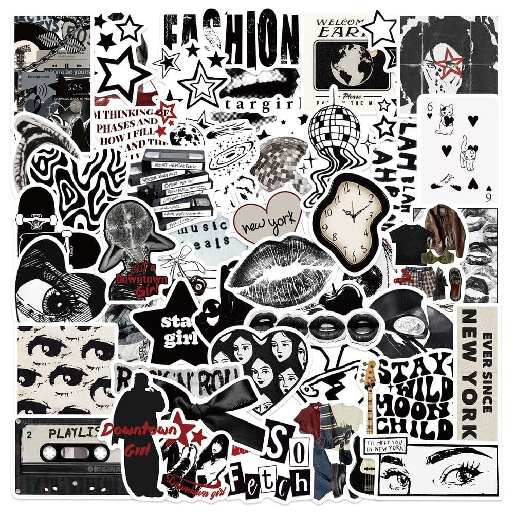 Pacote de adesivos Y2K Aesthetic 50 unidades em preto e branco Retro V