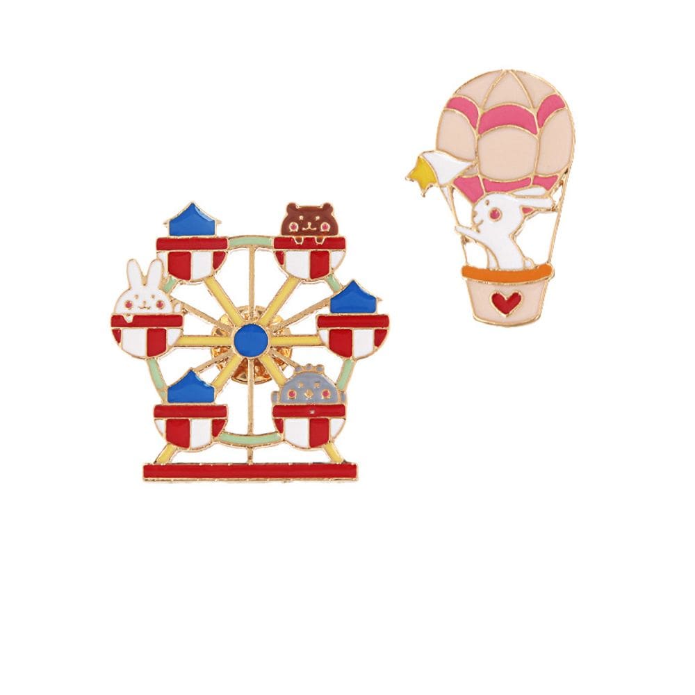 Conjunto de broches, roda gigante de desenho animado e balão de ar quente