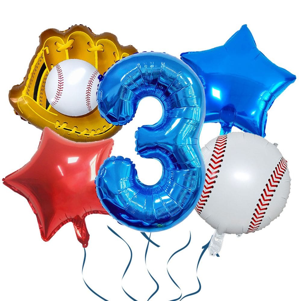 Conjunto de balões com tema de beisebol, 5 peças com luva, beisebol e número 3