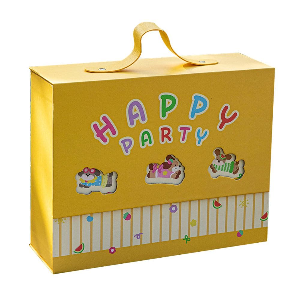 Caixa de presente de papelão amarela Happy Party 21x20x7cm com alça
