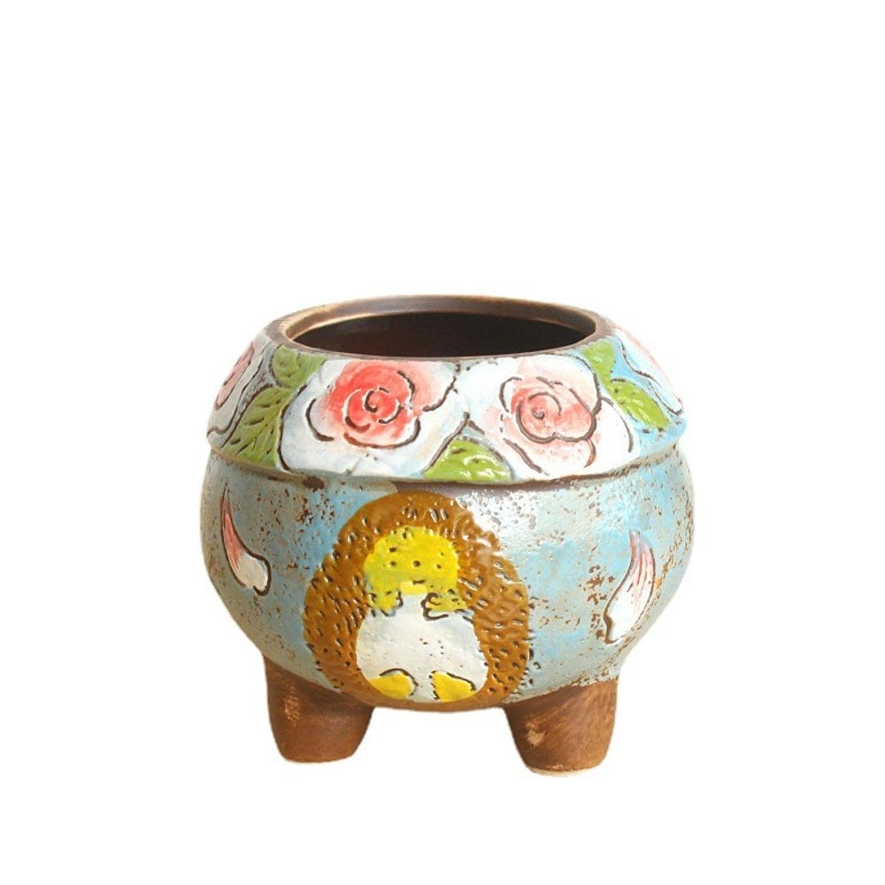 Vaso de flores em cerâmica estilo coreano pintado à mão com ouriço de 12 cm