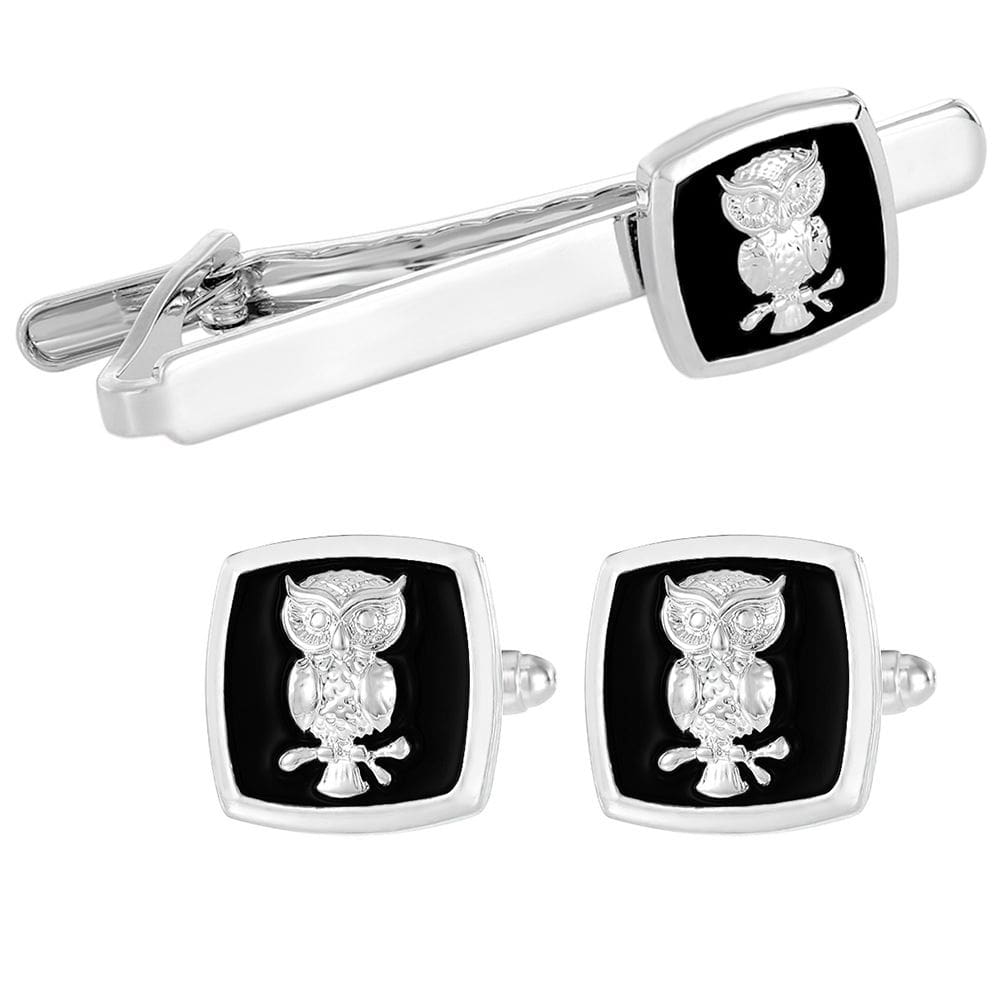 Conjunto de abotoaduras e barras de gravata Vintage Owl com esmalte preto