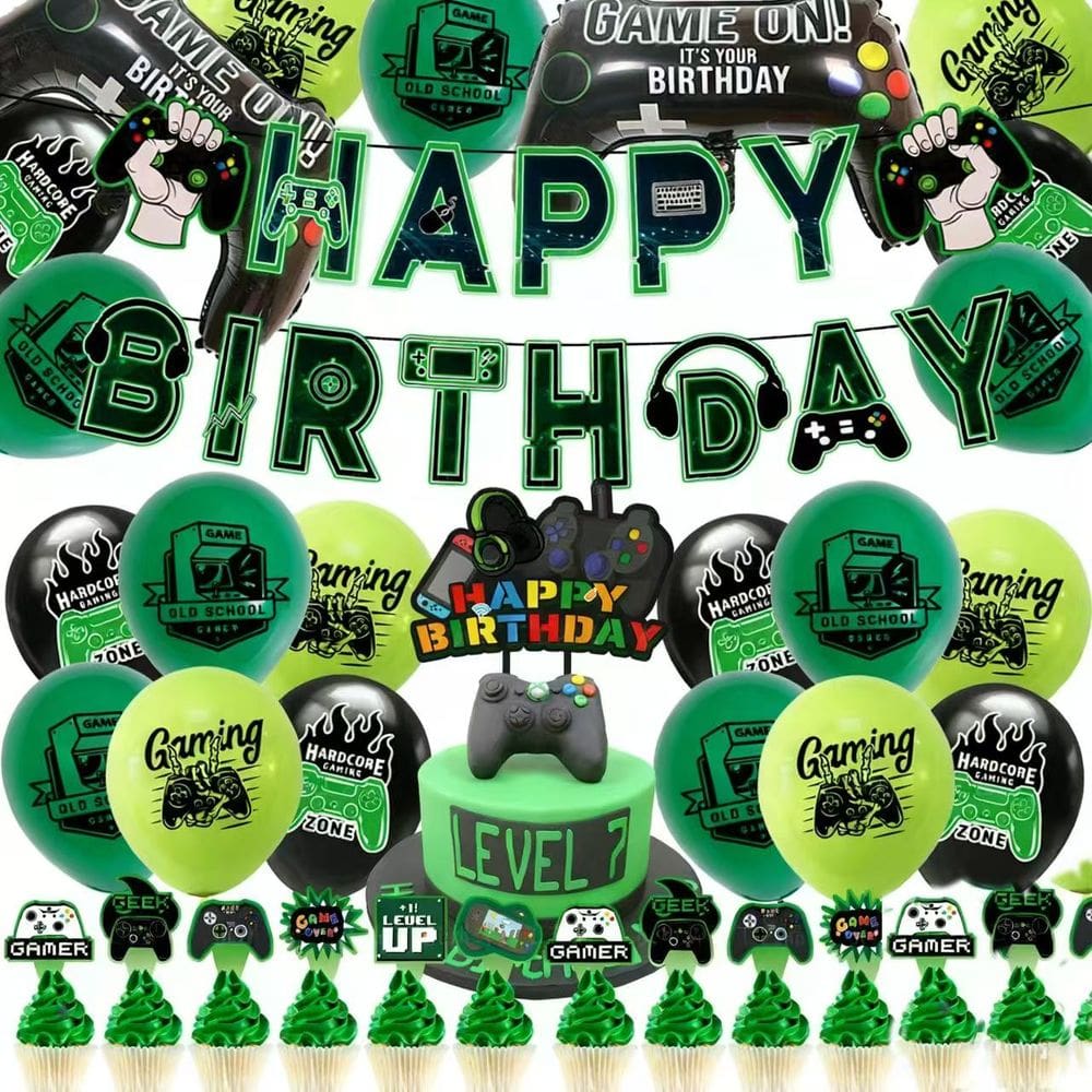 Conjunto de decoração de festa, tema de videogame verde para jogos, 34 unidades