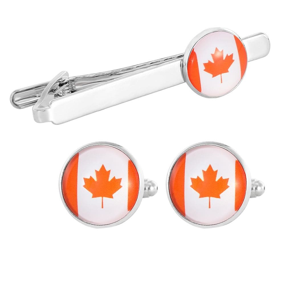 Conjunto de abotoaduras e barras de gravata em liga esmaltada com bandeira do Canadá